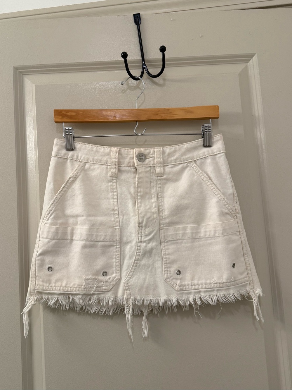 Free People We the Free White Canvas Mini Skirt with Frayed Edging